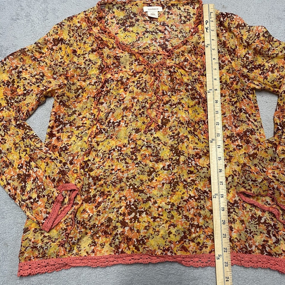 Sundance Silk Blouse Medium Floral Print Sheer Lightweight Ruffle Lace Trim Boho - Picture 5 of 5